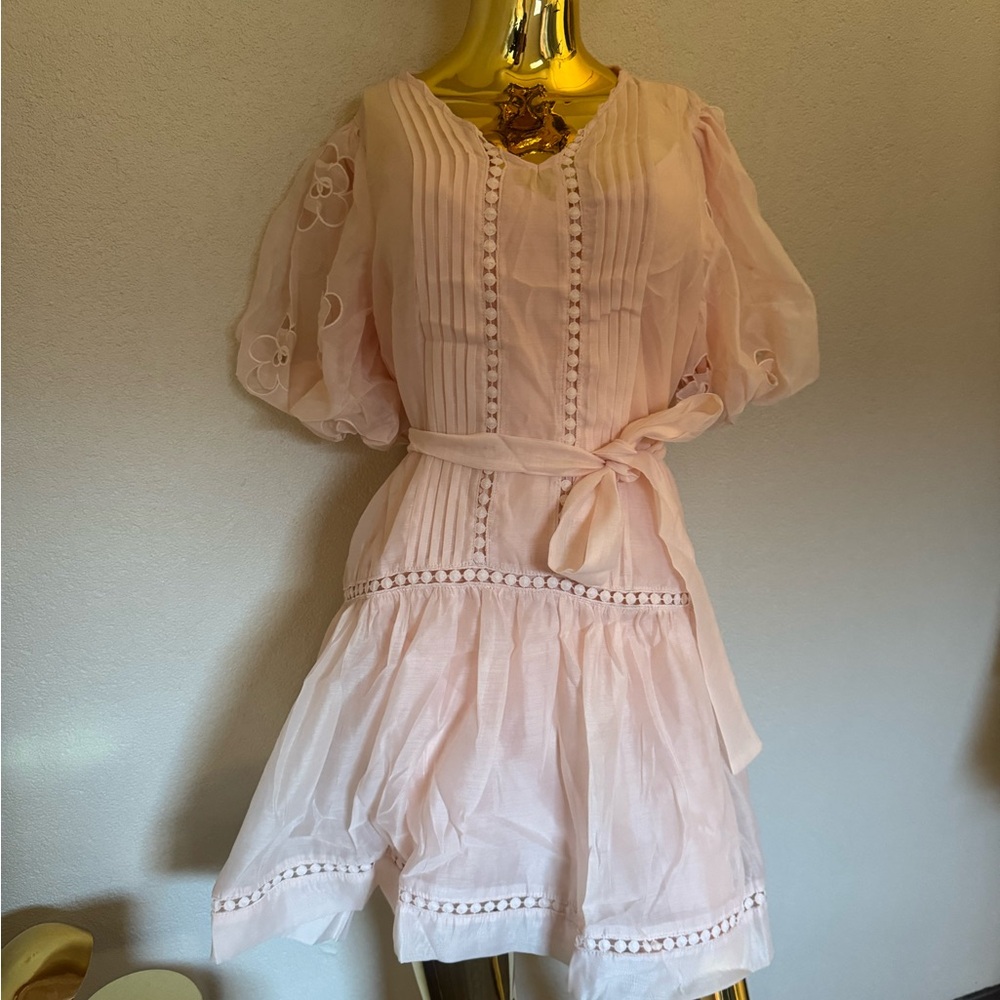 Light Pink Voile Tie-Waist Puff Sleeve Dress
